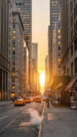 Urban street scene with tall buildings on both sides, traffic including yellow taxis, and a sunset in the background.