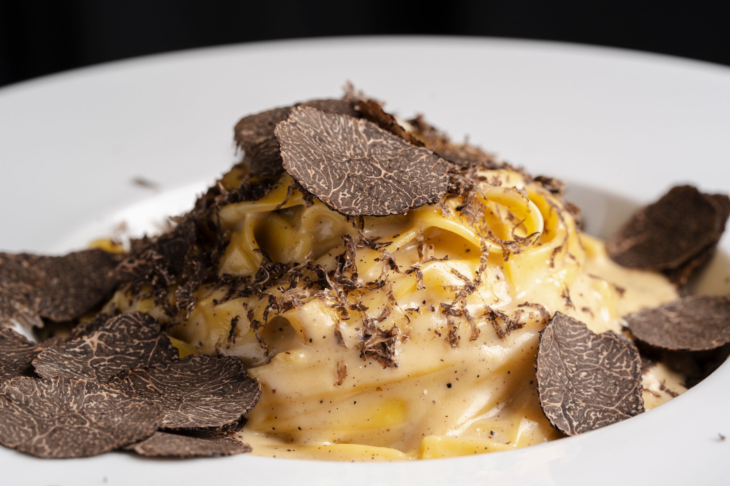 Fresh pasta dish generously topped with thinly sliced black truffles on a white plate at Sparrow Italia Miami.